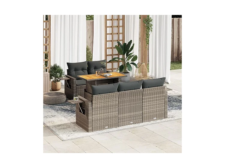 Salon de jardin 6 pcs avec coussins gris résine tressée