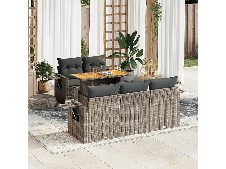 Salon de jardin 6 pcs avec coussins gris résine tressée