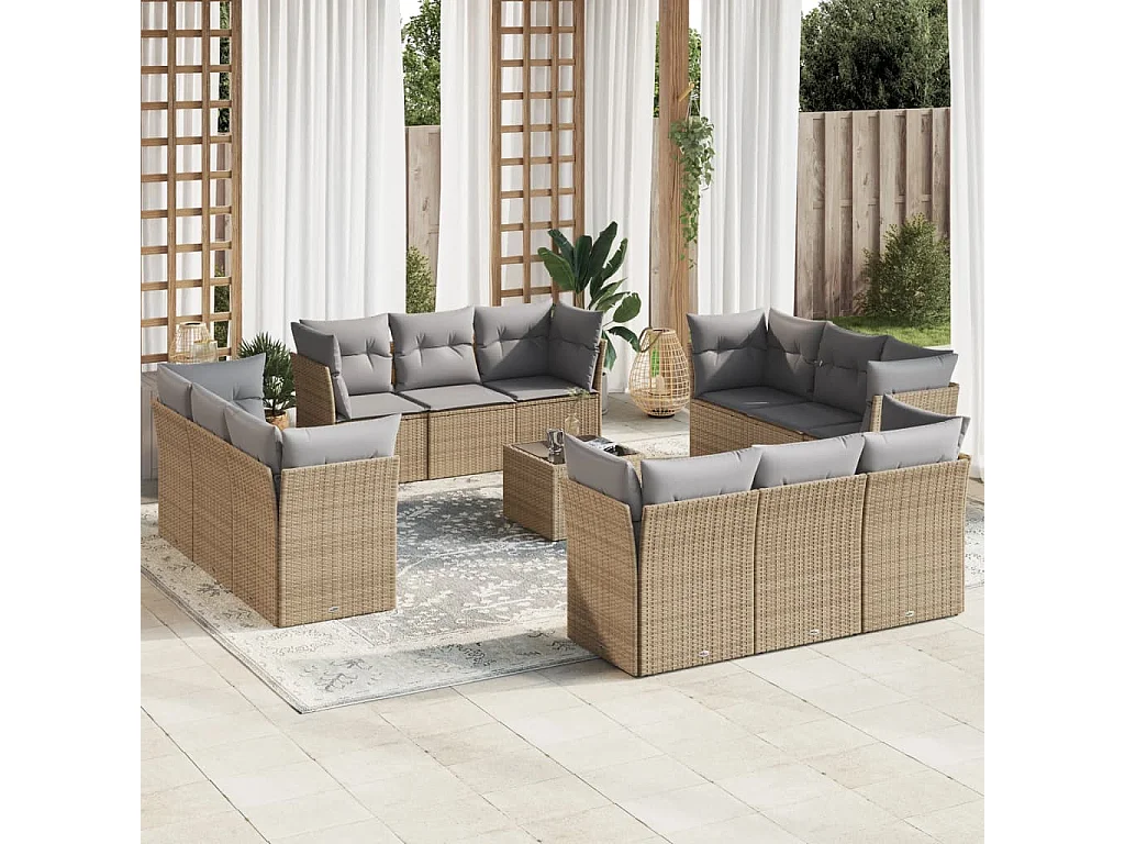 Salon de jardin avec coussins 13 pcs beige résine tressée