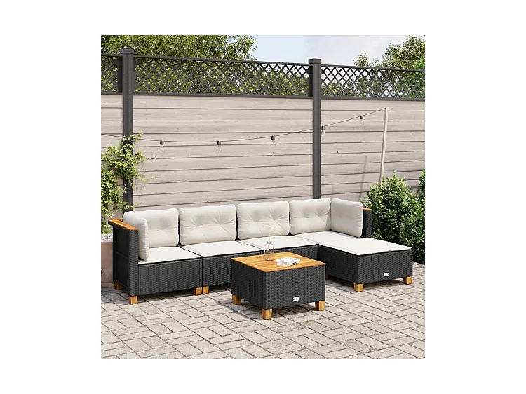 Salon de jardin 6 pcs avec coussins noir résine tressée