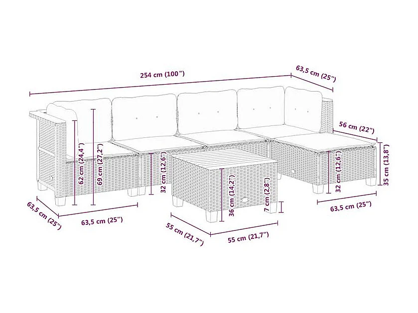 Salon de jardin 6 pcs avec coussins noir résine tressée
