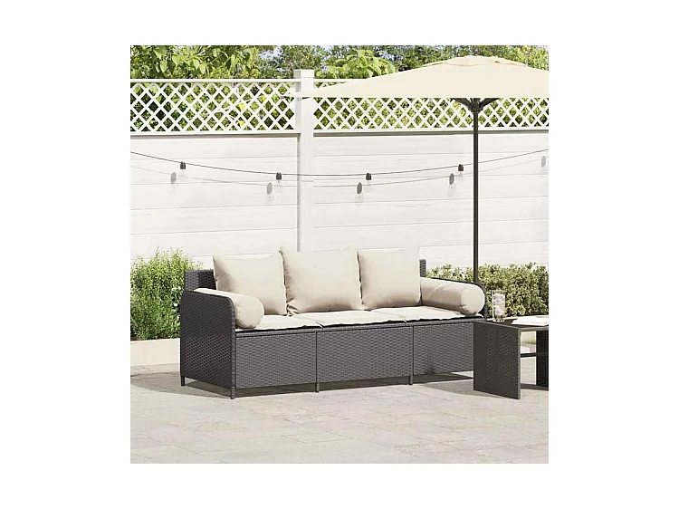 Canapé de jardin avec coussins 3 places noir résine tressée