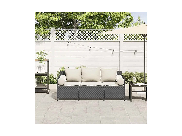 Canapé de jardin avec coussins 3 places noir résine tressée