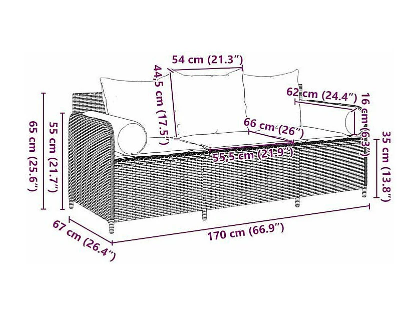 Canapé de jardin avec coussins 3 places noir résine tressée