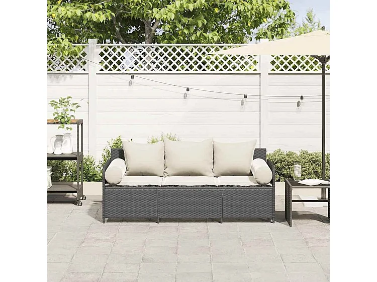 Canapé de jardin avec coussins 3 places noir résine tressée