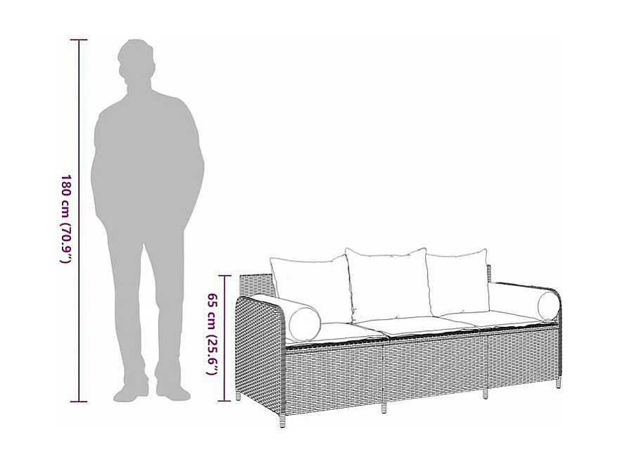 Canapé de jardin avec coussins 3 places noir résine tressée