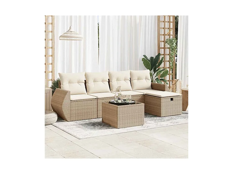 Salon de jardin avec coussins 6 pcs beige résine tressée