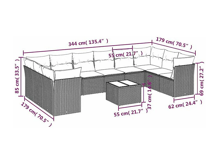 Salon de jardin et coussins 11 pcs marron résine tressée