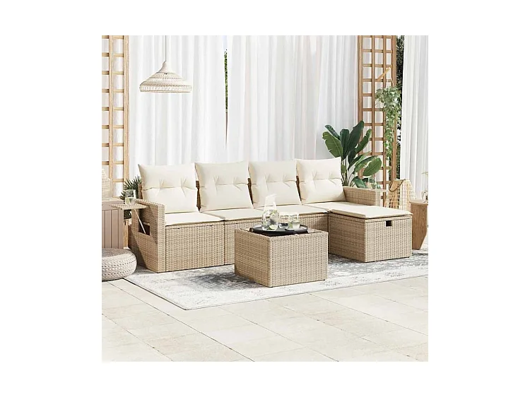 Salon de jardin avec coussins 6 pcs beige résine tressée