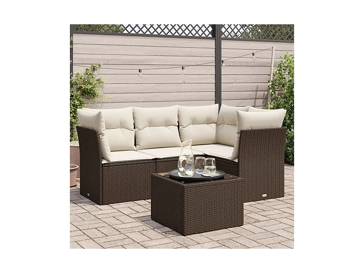 Salon de jardin avec coussins 5 pcs marron résine tressée