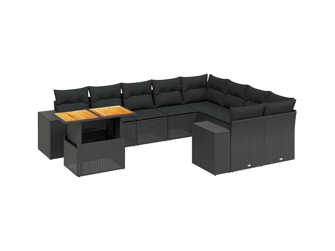 Salon de jardin 10 pcs avec coussins noir résine tressée