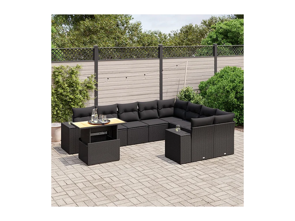 Salon de jardin 10 pcs avec coussins noir résine tressée