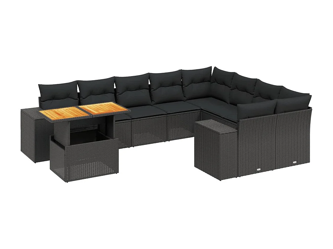 Salon de jardin 10 pcs avec coussins noir résine tressée