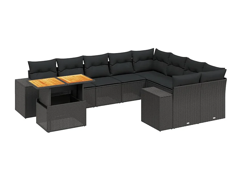 Salon de jardin 10 pcs avec coussins noir résine tressée