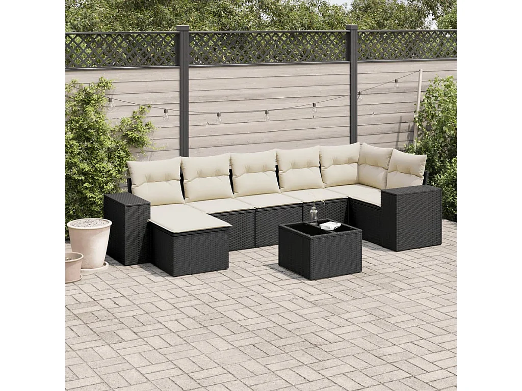 Salon de jardin 8 pcs avec coussins noir résine tressée