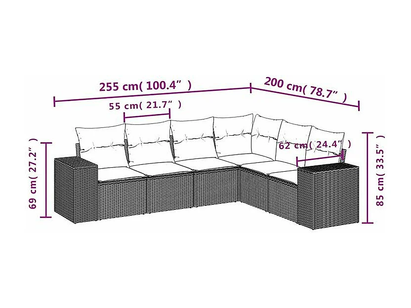 Salon de jardin avec coussins 6 pcs marron résine tressée