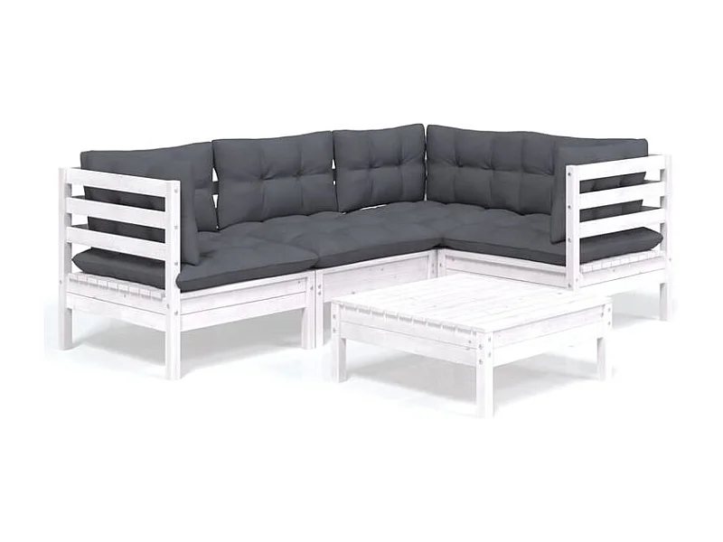 Salon de jardin 5 pcs avec coussins blanc bois de pin