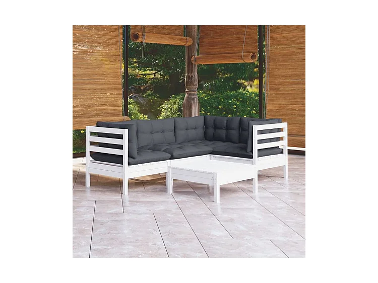 Salon de jardin 5 pcs avec coussins blanc bois de pin
