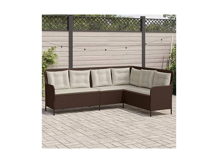 Canapé de jardin avec coussins forme de L marron résine tressée