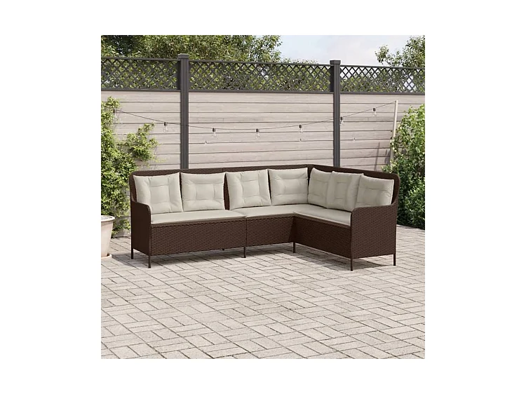 Canapé de jardin avec coussins forme de L marron résine tressée