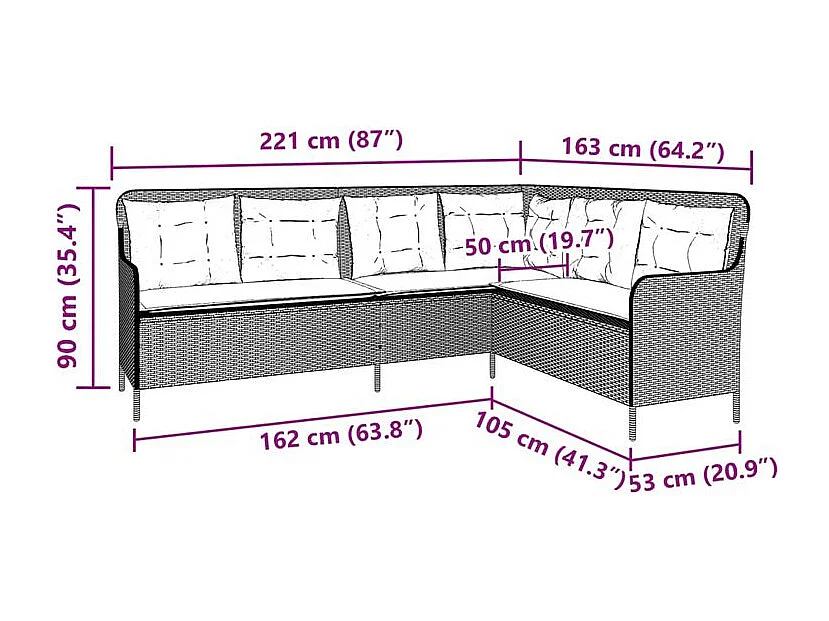Canapé de jardin avec coussins forme de L marron résine tressée