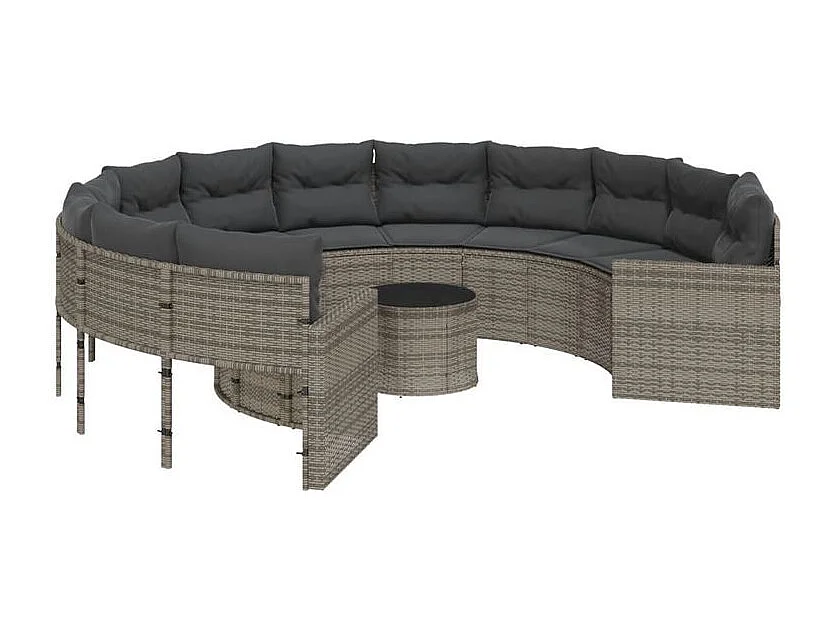 Canapé de jardin avec table coussins rond gris résine tressée