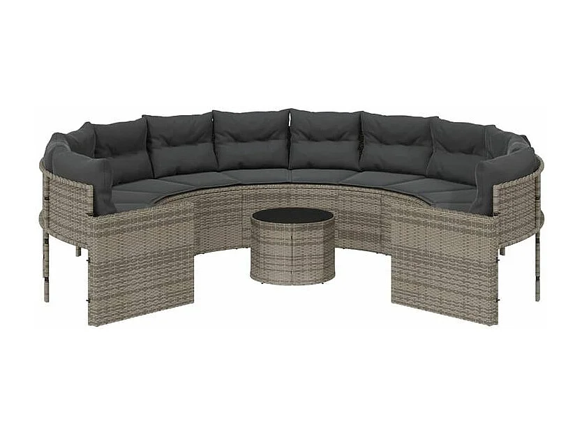 Canapé de jardin avec table coussins rond gris résine tressée