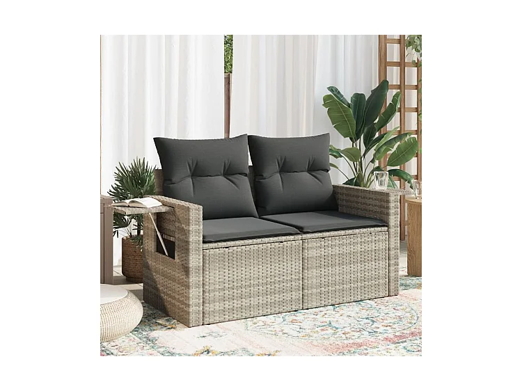 Canapé de jardin 2 places et coussins gris clair résine tressée