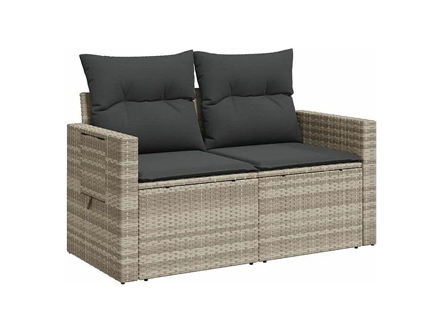 Canapé de jardin 2 places et coussins gris clair résine tressée