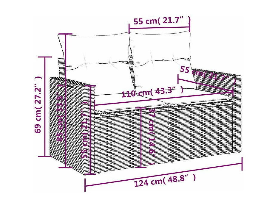 Canapé de jardin 2 places et coussins gris clair résine tressée