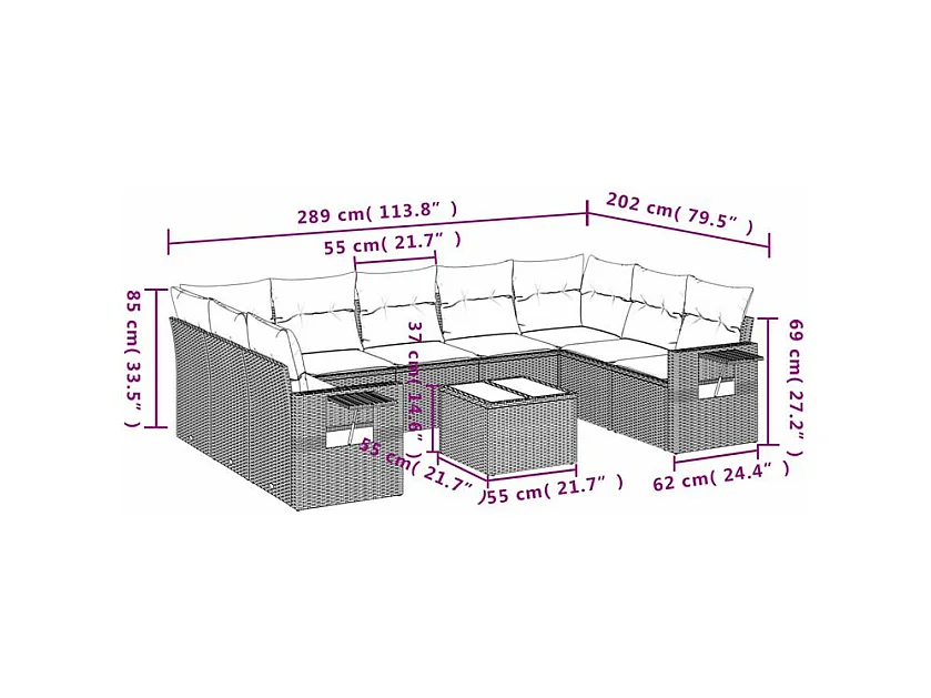 Salon de jardin 10 pcs avec coussins marron résine tressée