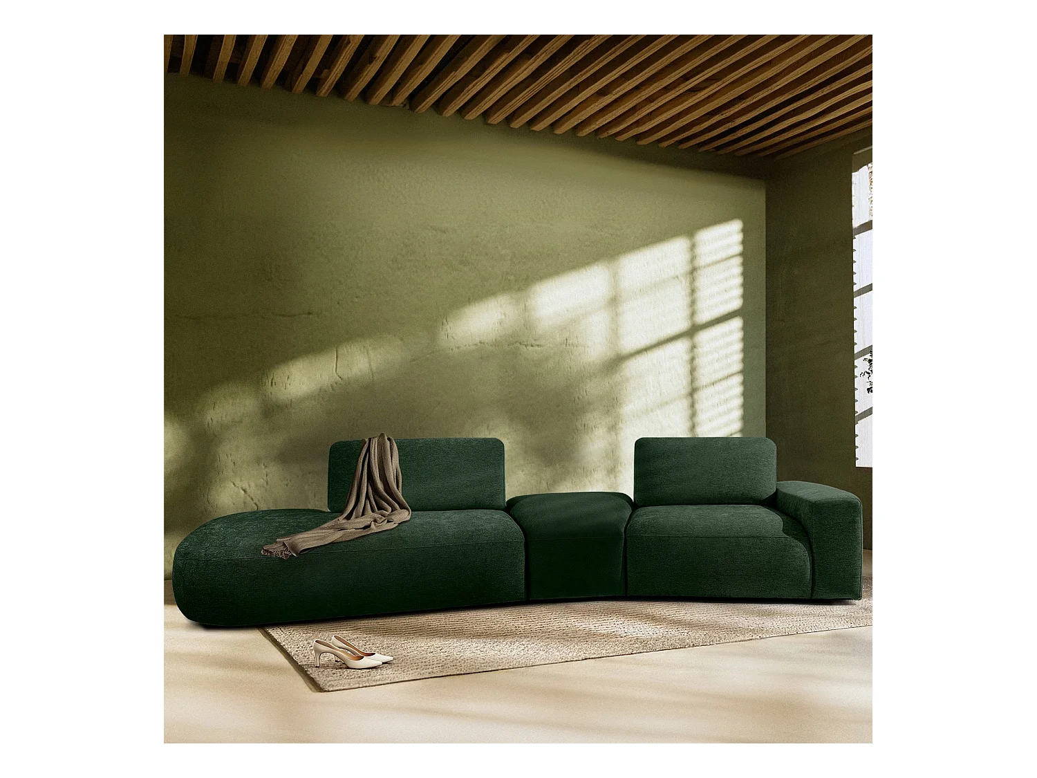 Ecksofa links - modern - ZUCCO - 4-Sitzer - Chenille Stoff - Dunkelgrün