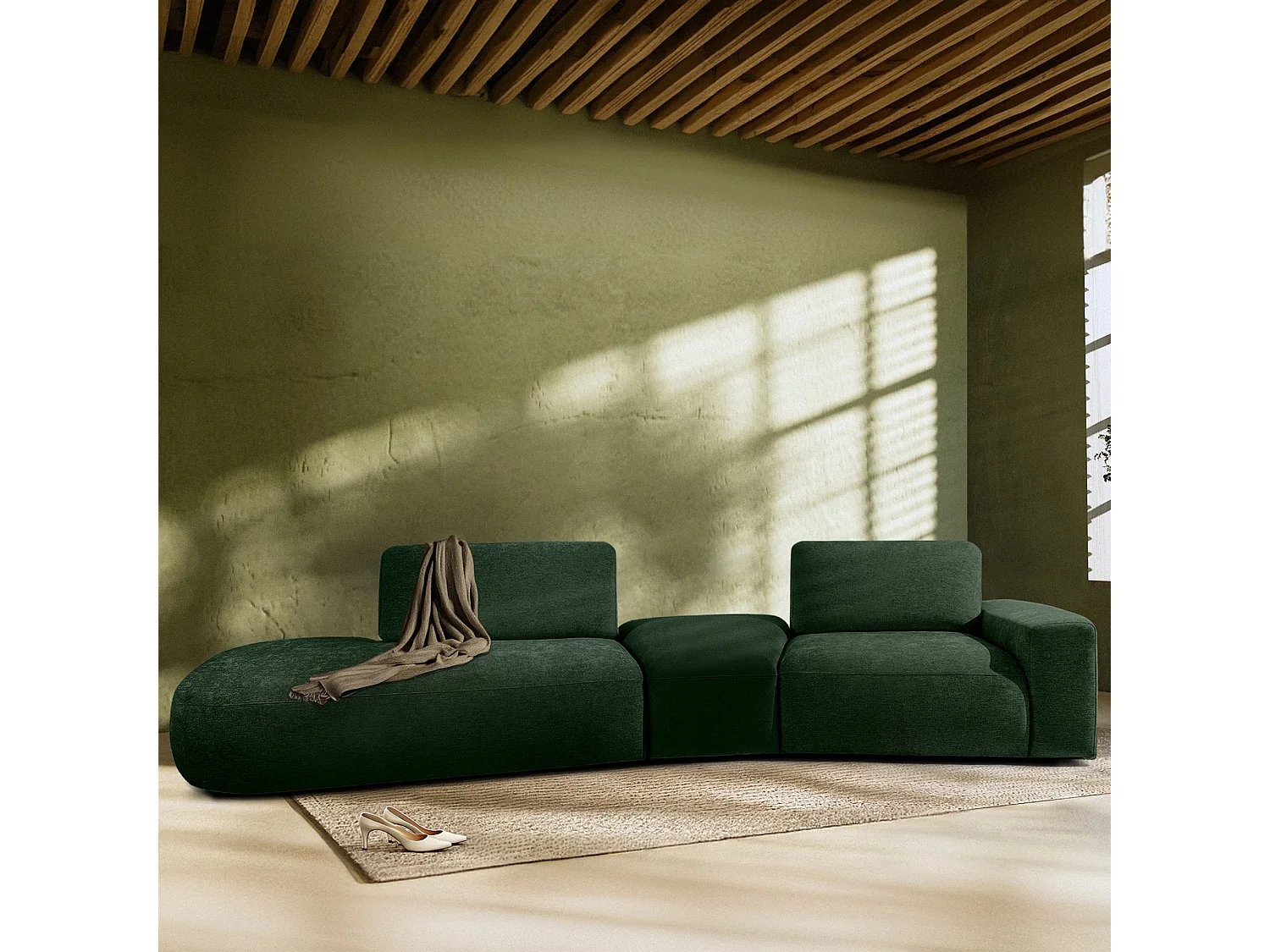 Ecksofa links - modern - ZUCCO - 4-Sitzer - Chenille Stoff - Dunkelgrün