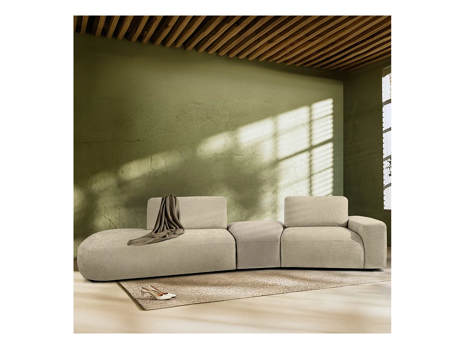 Ecksofa links - modern - ZUCCO - 4-Sitzer - Chenille Stoff - Creme
