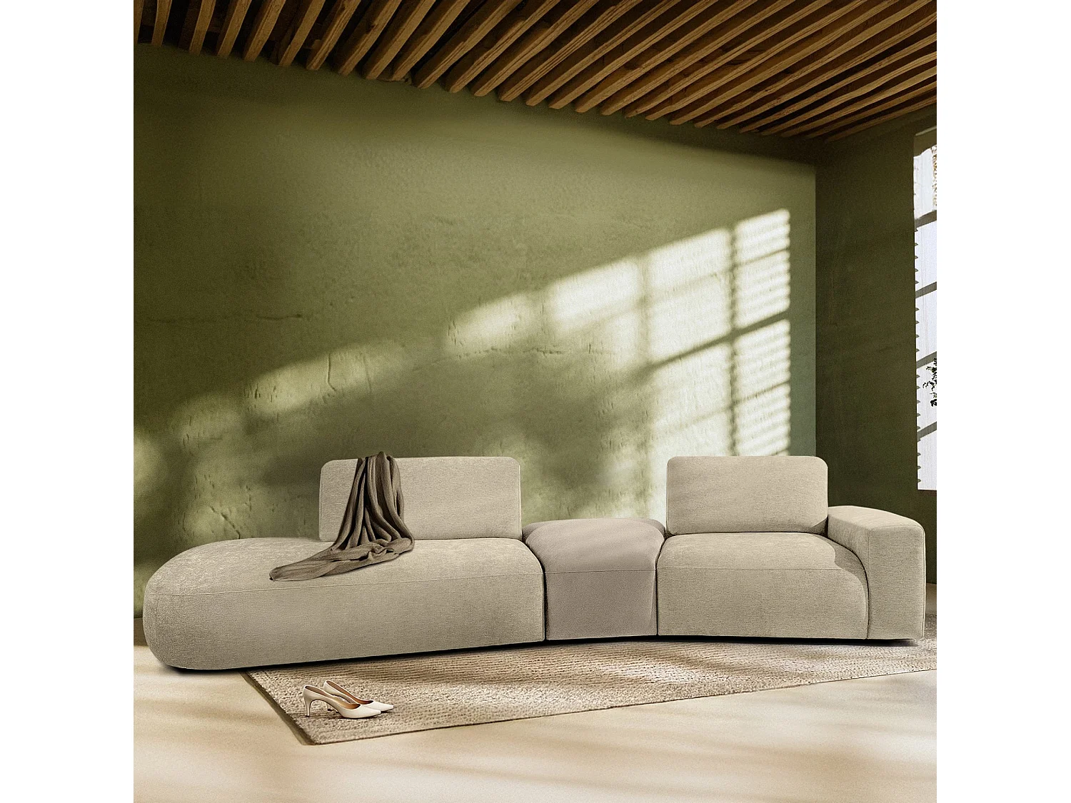 Ecksofa links - modern - ZUCCO - 4-Sitzer - Chenille Stoff - Creme