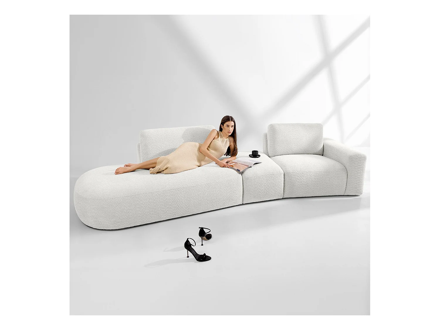 Ecksofa links - modern - ZUCCO - 4-Sitzer - Boucle - Ecru