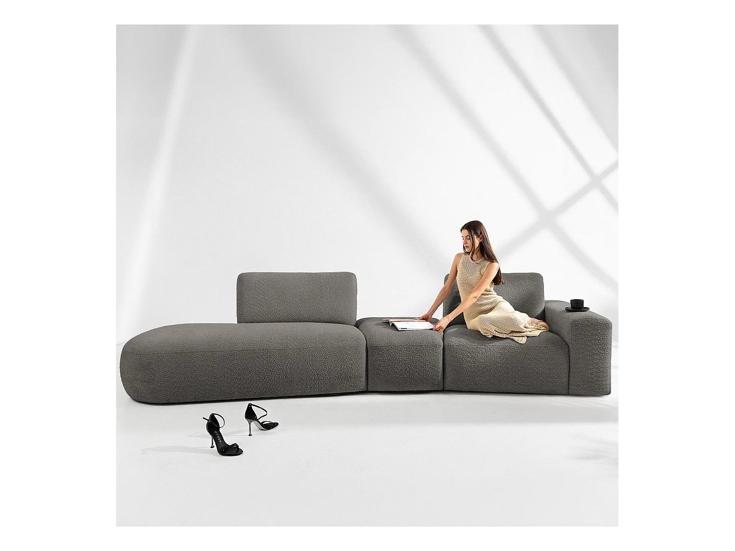 Ecksofa links - modern - ZUCCO - 4-Sitzer - Boucle - Dunkelbraun