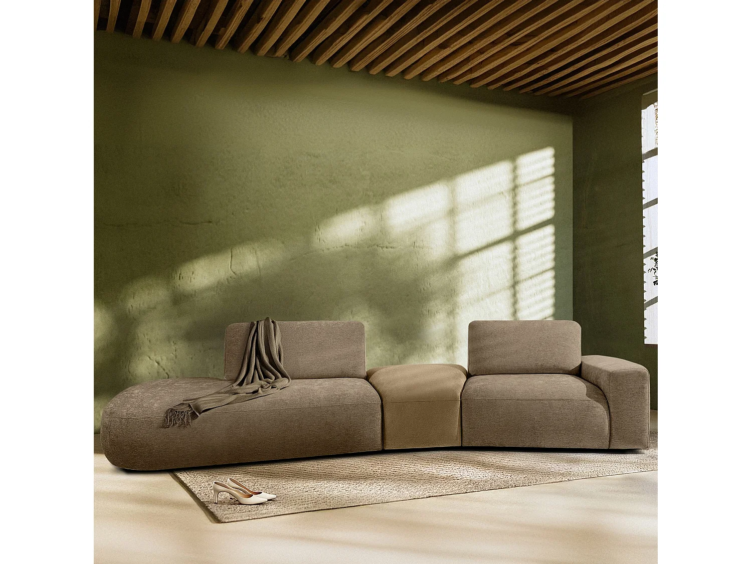 Ecksofa links - modern - ZUCCO - 4-Sitzer - Chenille Stoff - Beige