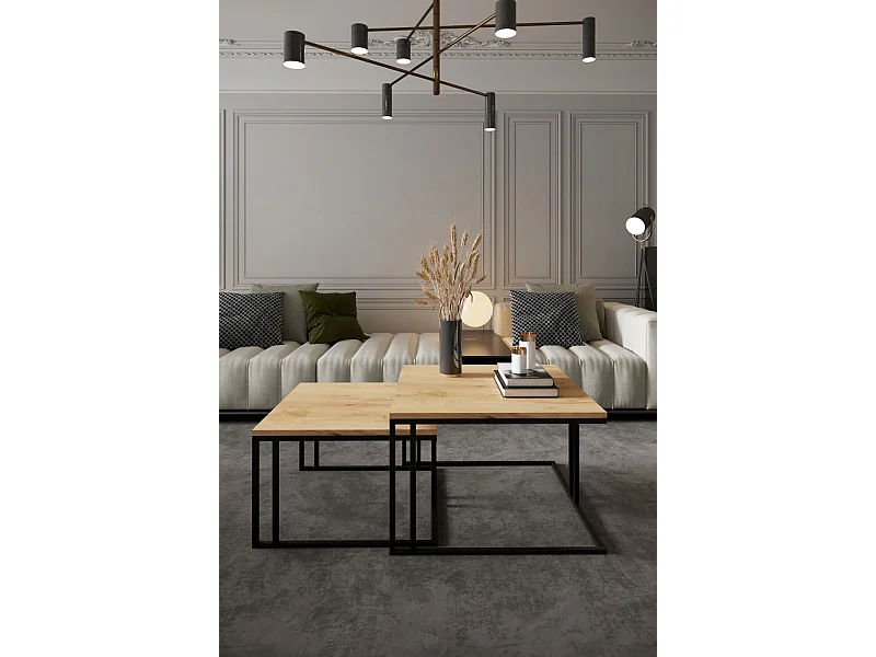 quadratischer Kaffeetisch KORA 2 in 1 Couchtisch Sofatisch Kaffeetisch Wohnzimmer (schwarz und goldene Eiche)