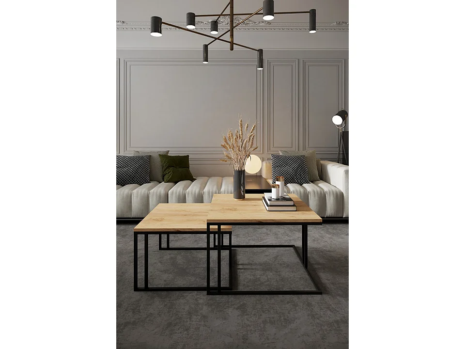 quadratischer Kaffeetisch KORA 2 in 1 Couchtisch Sofatisch Kaffeetisch Wohnzimmer (schwarz und goldene Eiche)