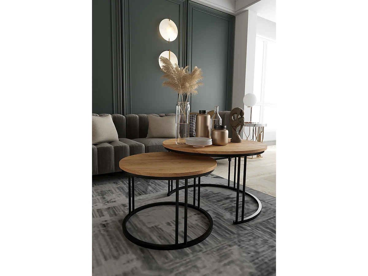 Runder Couchtisch 2 in 1 ROXY Sofatisch Kaffeetisch Wohnzimmer (schwarz und goldene Eiche)