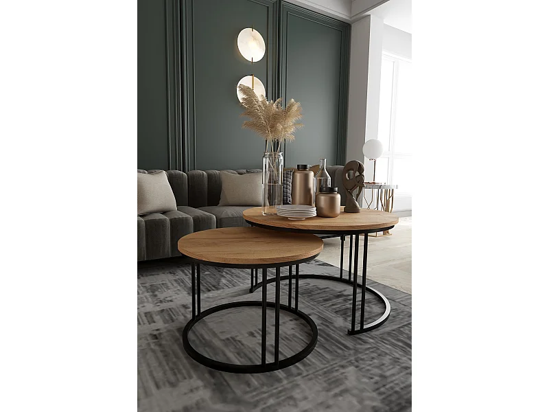 Runder Couchtisch 2 in 1 ROXY Sofatisch Kaffeetisch Wohnzimmer (schwarz und goldene Eiche)