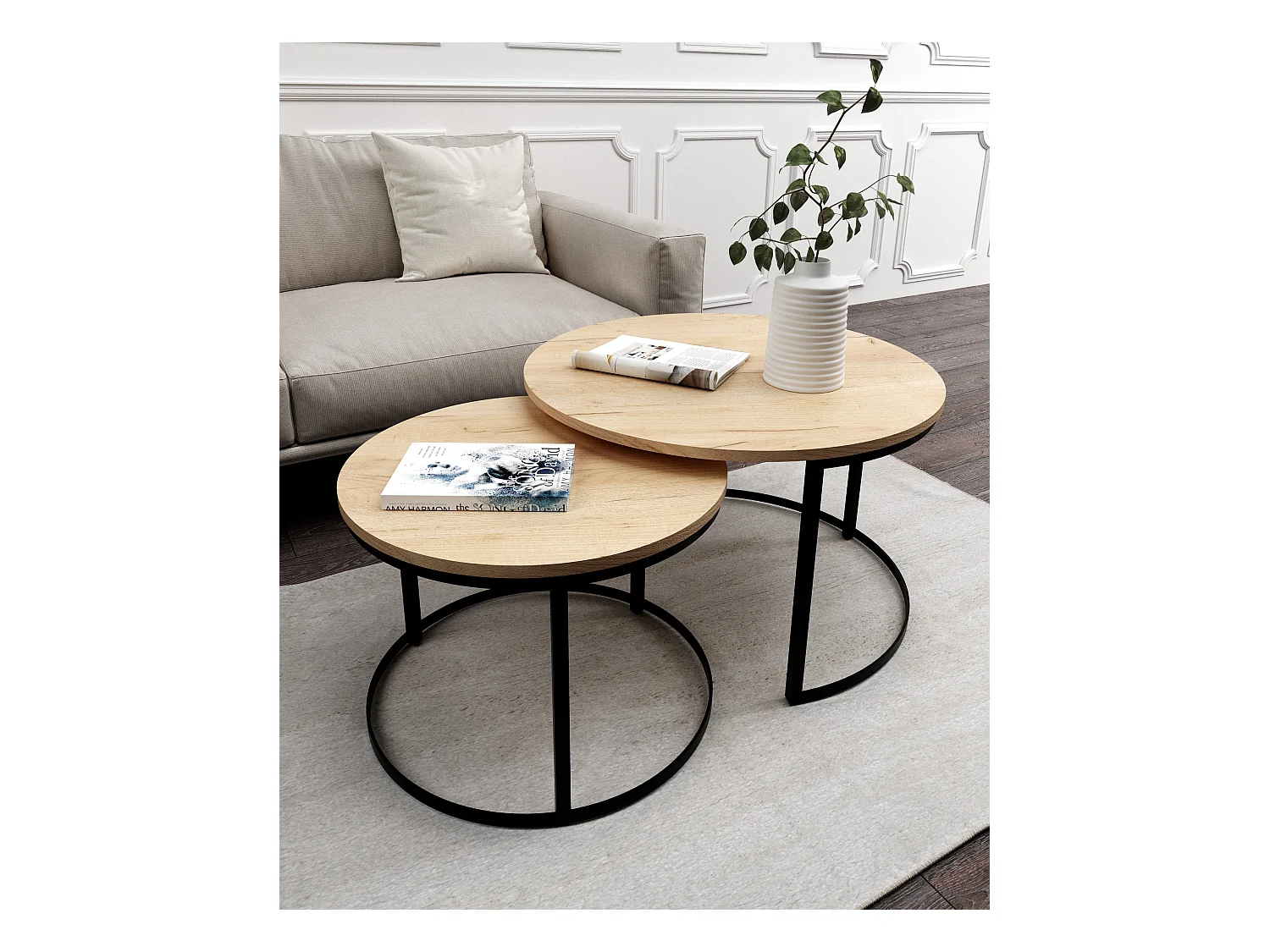 Runder Couchtisch 2 in 1 MIA Sofatisch Kaffeetisch Wohnzimmer (schwarz und goldene Eiche)