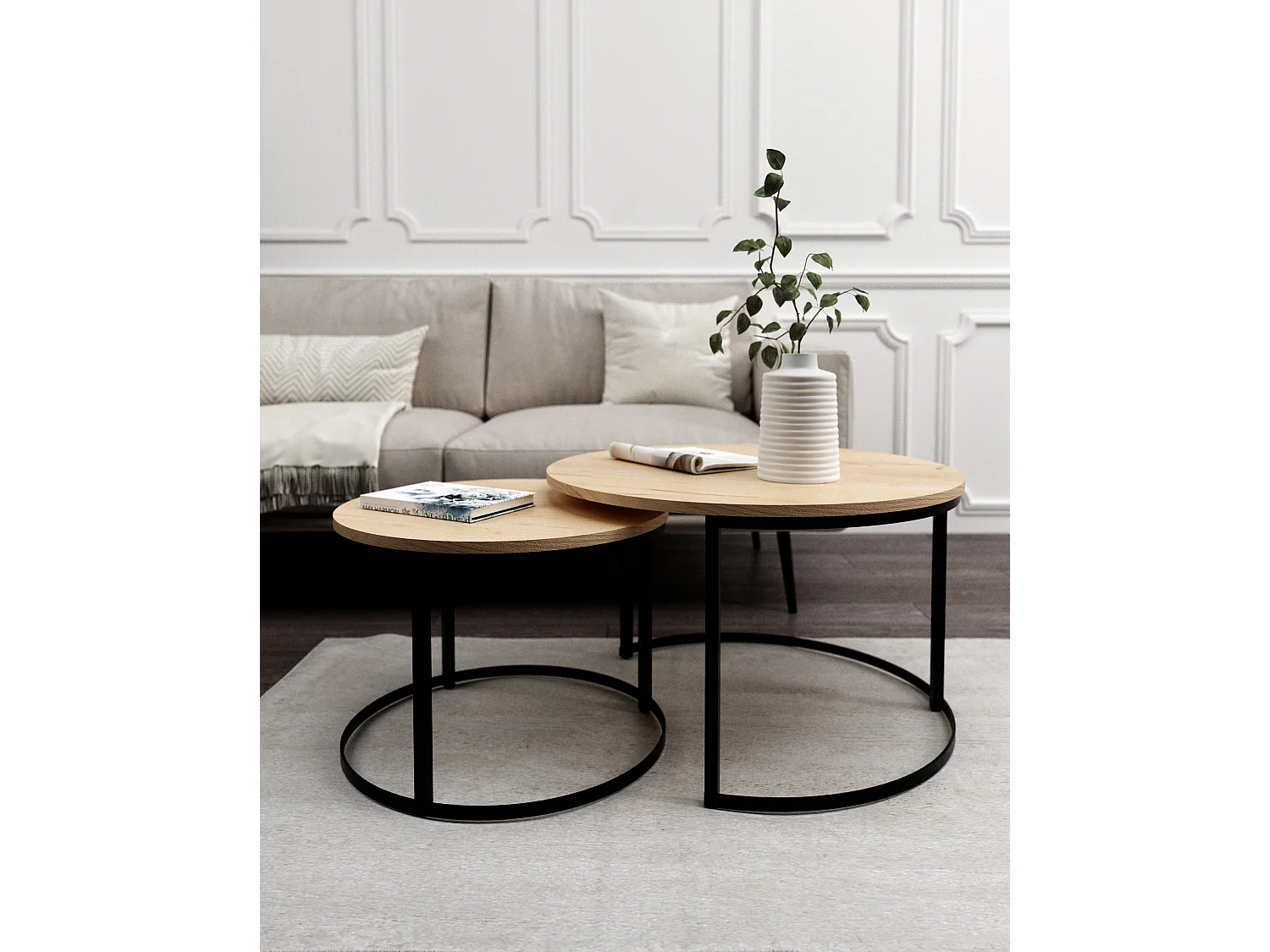 Runder Couchtisch 2 in 1 MIA Sofatisch Kaffeetisch Wohnzimmer (schwarz und goldene Eiche)