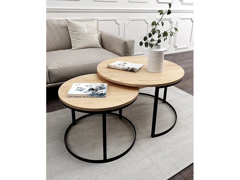 Runder Couchtisch 2 in 1 MIA Sofatisch Kaffeetisch Wohnzimmer (schwarz und goldene Eiche)