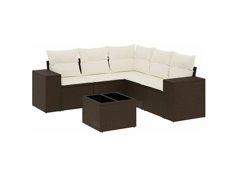 Salon de jardin avec coussins 6 pcs marron résine tressée