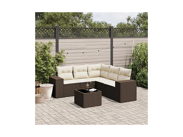 Salon de jardin avec coussins 6 pcs marron résine tressée
