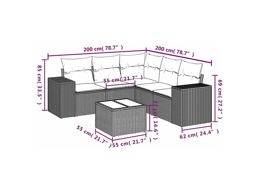 Salon de jardin avec coussins 6 pcs marron résine tressée