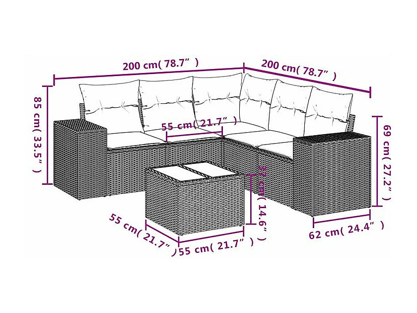 Salon de jardin avec coussins 6 pcs marron résine tressée