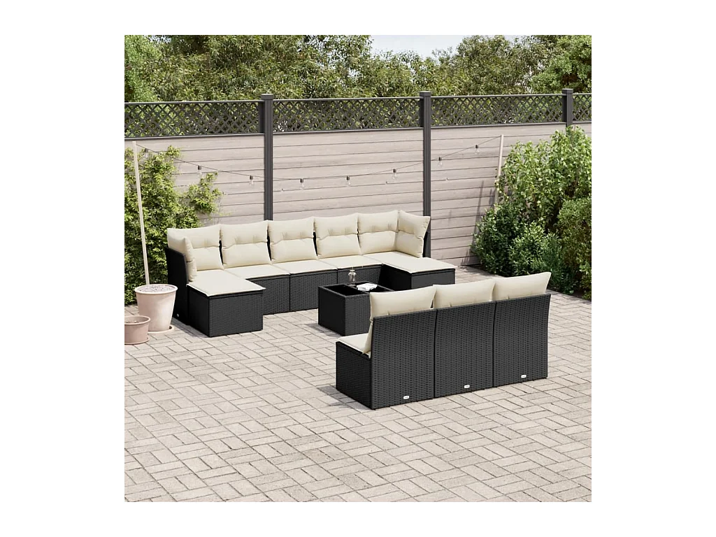 Salon de jardin 11 pcs avec coussins noir résine tressée